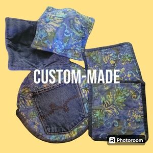 Custom-made kitchen bundle using 100% cotton upcyle blue jeans Set of 5